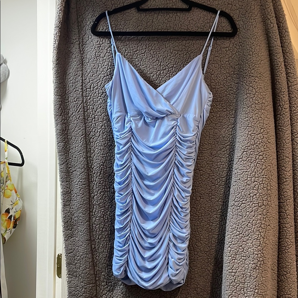 Lucy in the Sky Light Blue Ruched Mini Dress